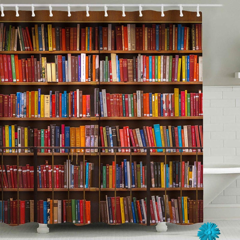 Faitove Library Bookshelf Shower Curtain Vintage Educational Bookcase Shower Curtain Readable Books Fabric Polyester Waterproof Bathroom Decor for School with Hooks 72" x 72" - Image 2